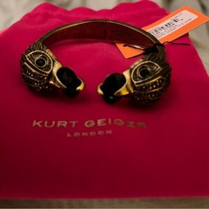 Kurt Geiger Gold Owl-Head Hinged Cuff with Dark Green Stones